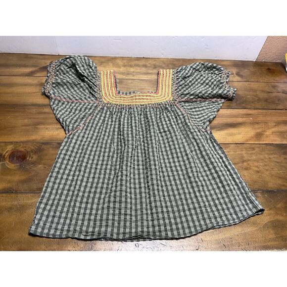 SISTER MARY Size Large Green Plaid Embroidered Puff Sleeve Tunic Blouse Top - Picture 1 of 9